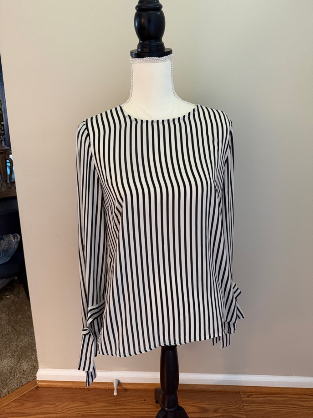 Banana Republic Black & White Vertical Stripe Tie-Cuff Blouse